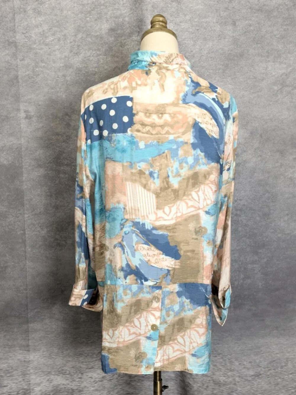 Multiples Wired Collar Tunic Size L Blue Abstract Button Front Shirt Artsy - Picture 6 of 7